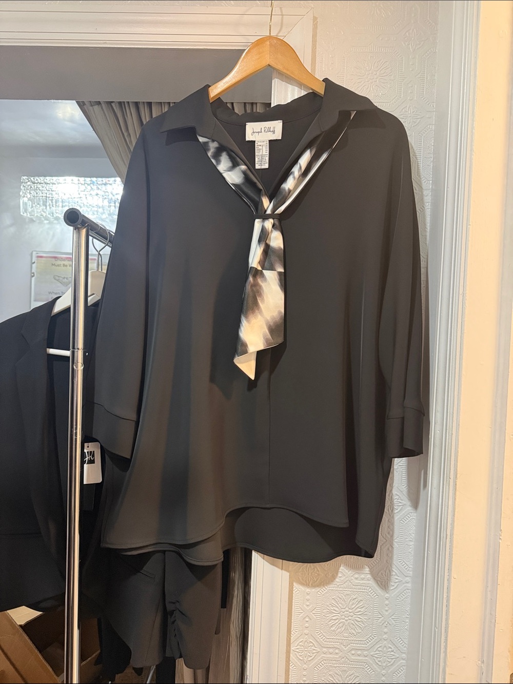 Joseph Ribkoff Black Blouse with Monochrome Tie Accent